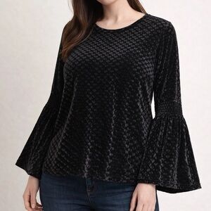 Solitaire Velvet Black Textured Bell Sleeve Blouse